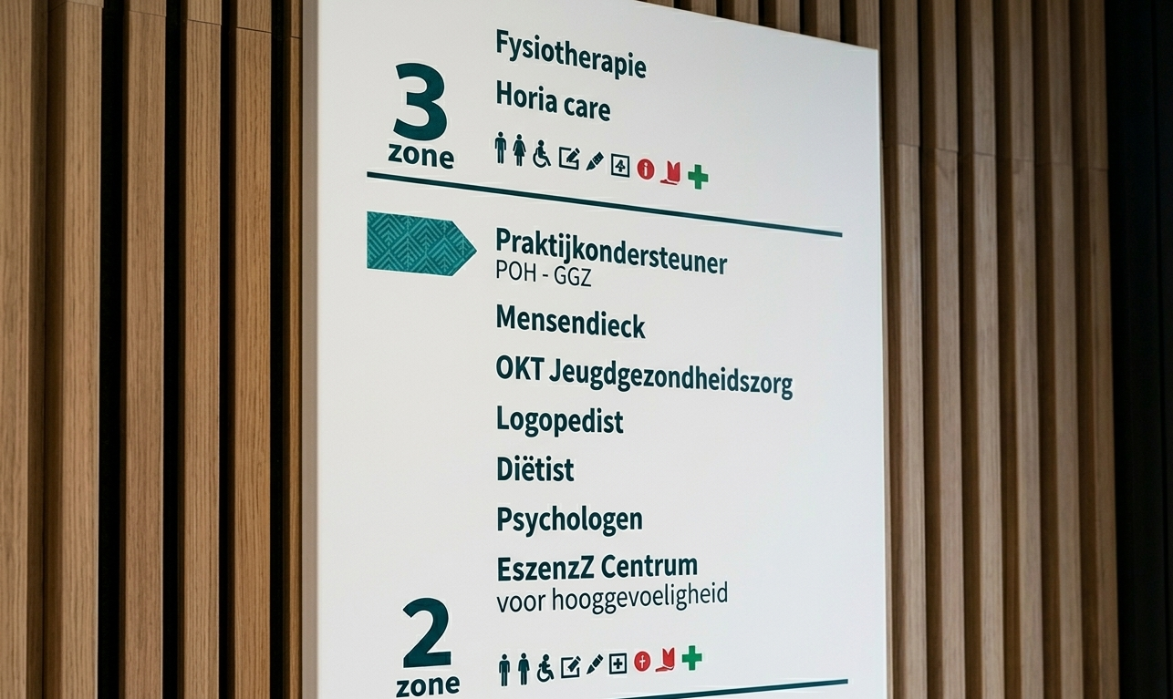 Way finding SiganageWorks Hangend wayfindingbord met zones bij SAG Gezondheidscentrum